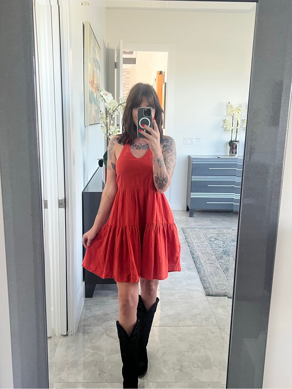 Red Tiered V-Neck Sundress - Casual Women's Dress